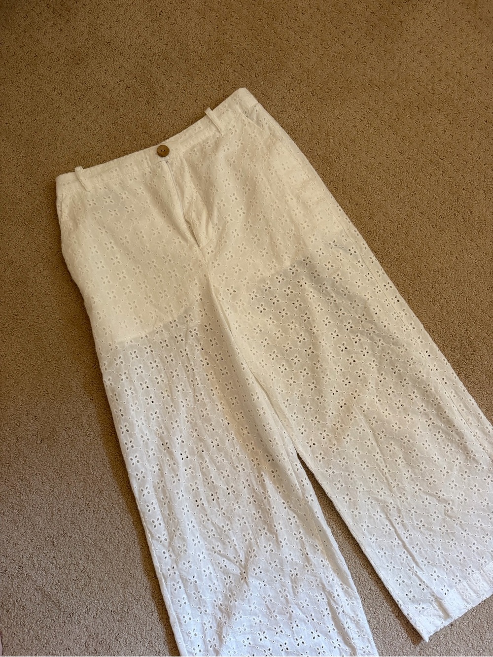 Zara White Eyelet Wide-Leg Linen Pants